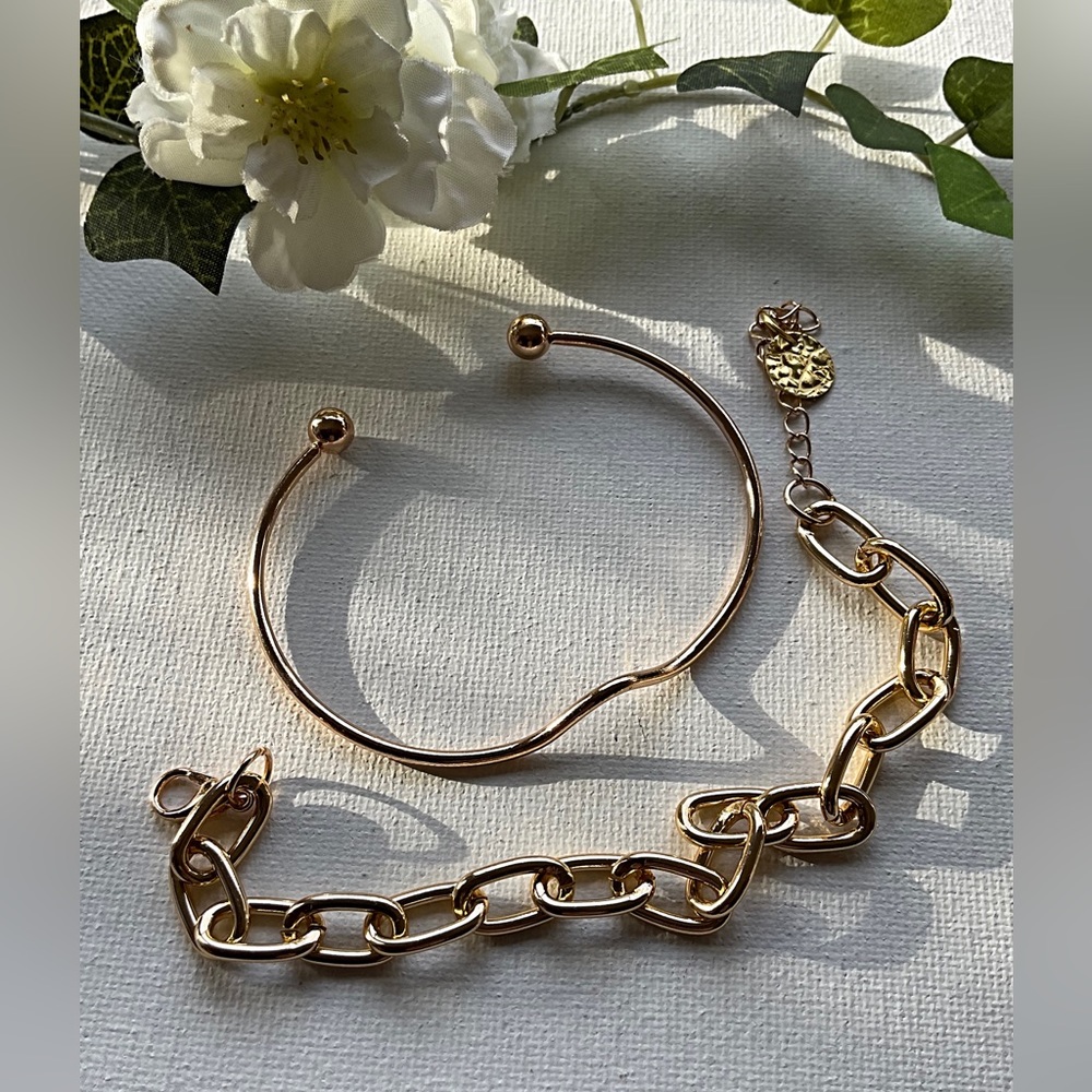 SALE..2 Bracelets. Paper Clip Bracelet and Gold Tone Cuff Bracelet.